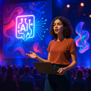 Jeune femme présentant un projet innovant lors du Concours Les Chatons d'Or 2025 avec visuels sur l’intelligence artificielle en arrière-plan